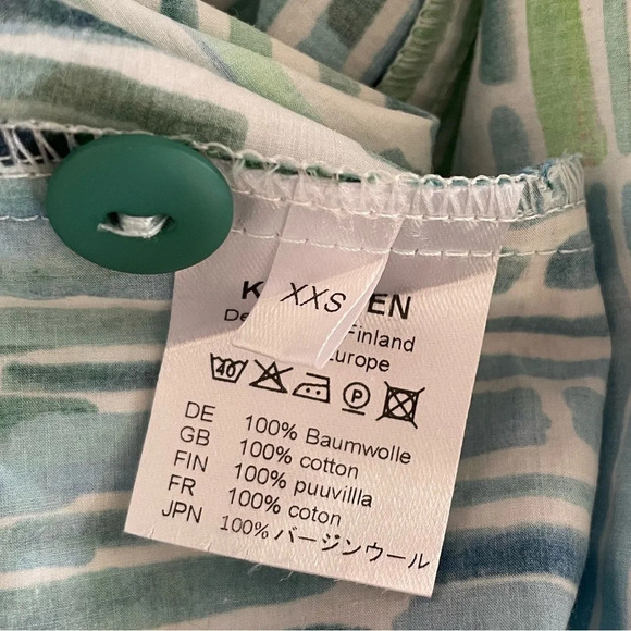 KARVINEN FINLAND button down shirt tunic mini dress green blue white abstract - Picture 6 of 11